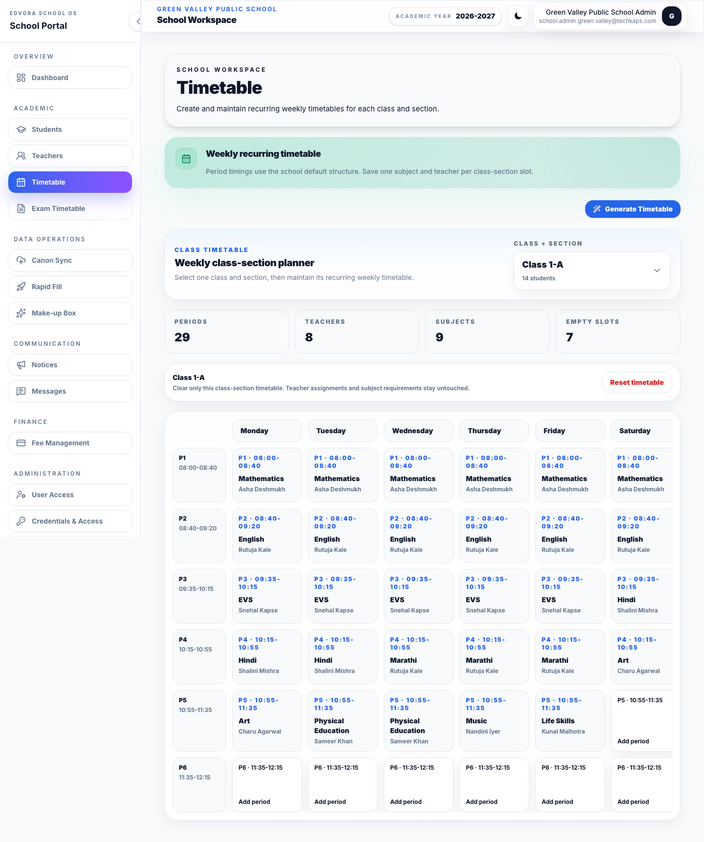 Edvora weekly timetable screenshot