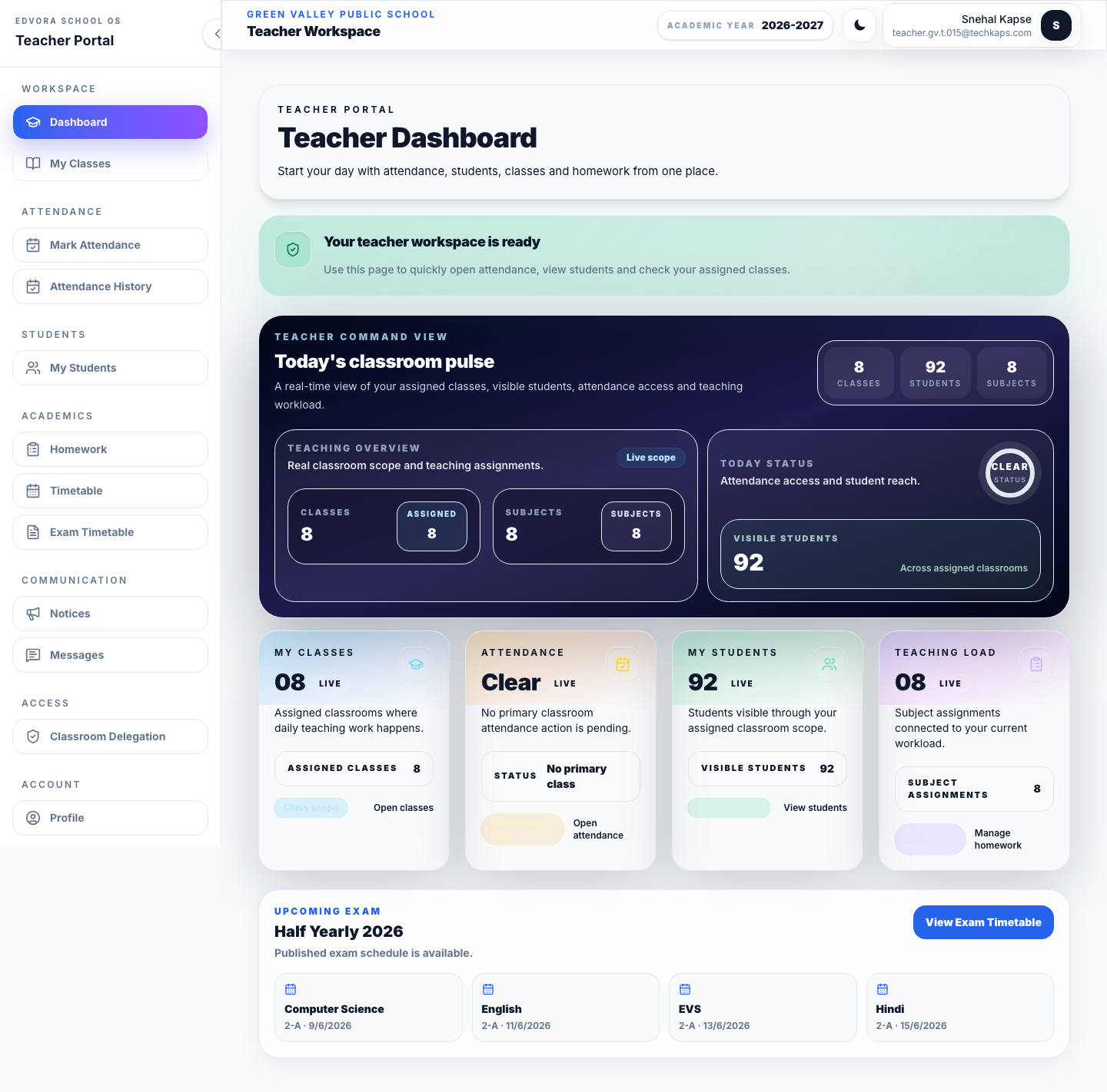 Edvora teacher dashboard screenshot